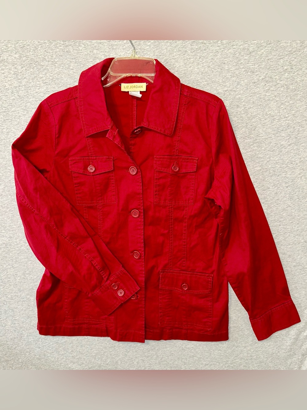 Liz Jordan Red Utility Jacket Size M Safari Cotton Stretch Cargo Pockets Shacket